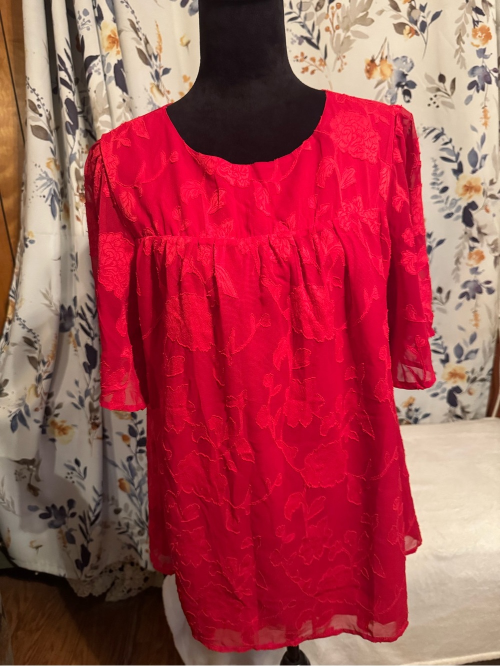 Bright Red Floral-Embossed Tunic Top